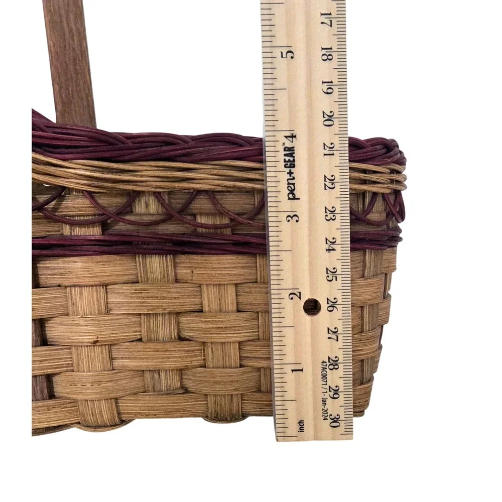 Vintage Signed Artisan Woven Splint Garden Gathering Basket Wood Handle 1996